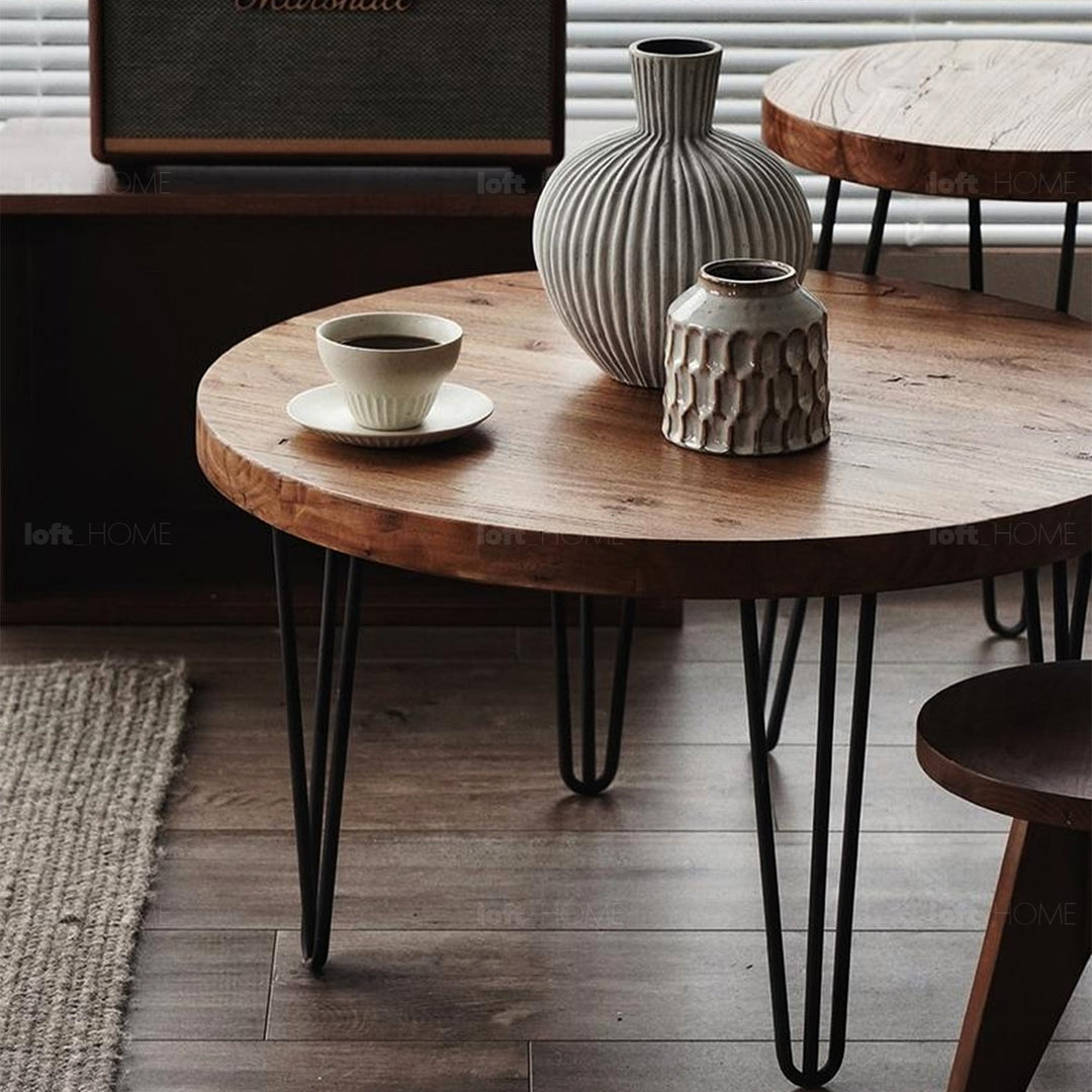 Rustic elm wood round coffee table aura elm in details.