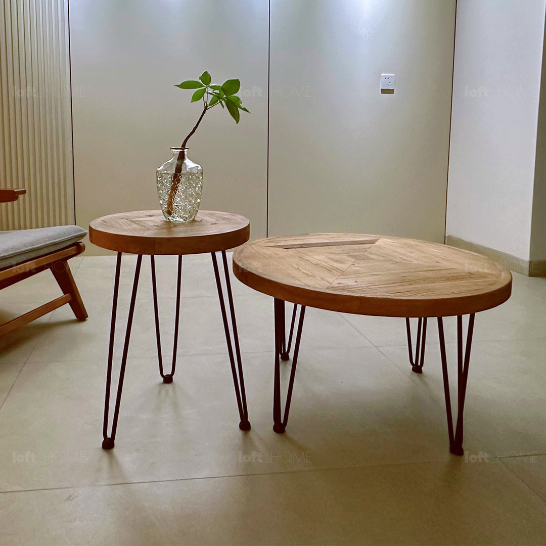 Rustic elm wood round coffee table aura elm material variants.