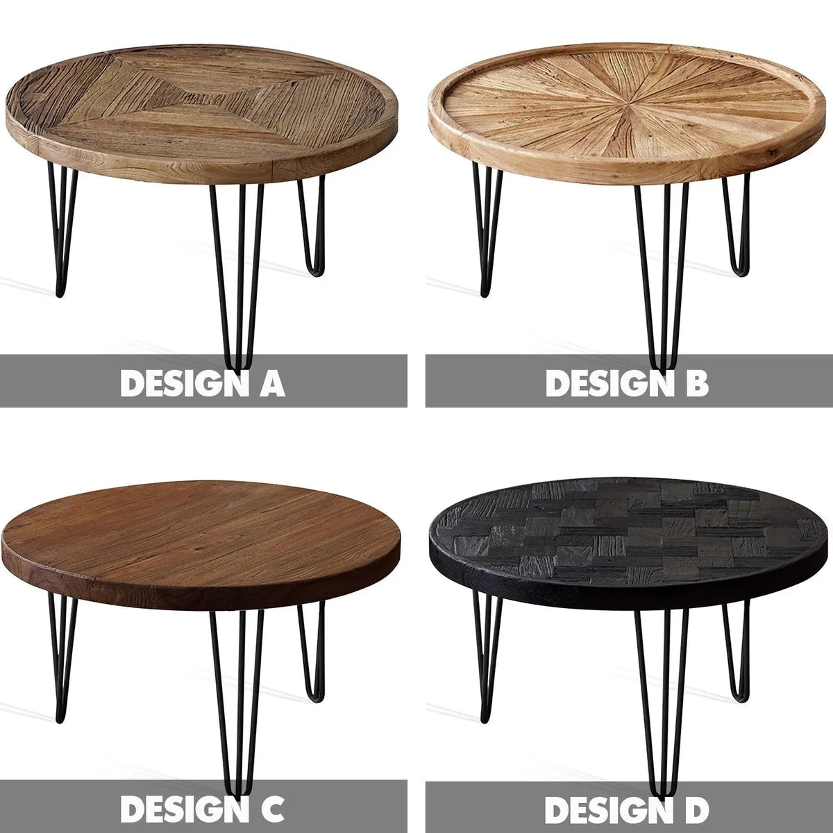 Rustic elm wood round coffee table aura elm color swatches.