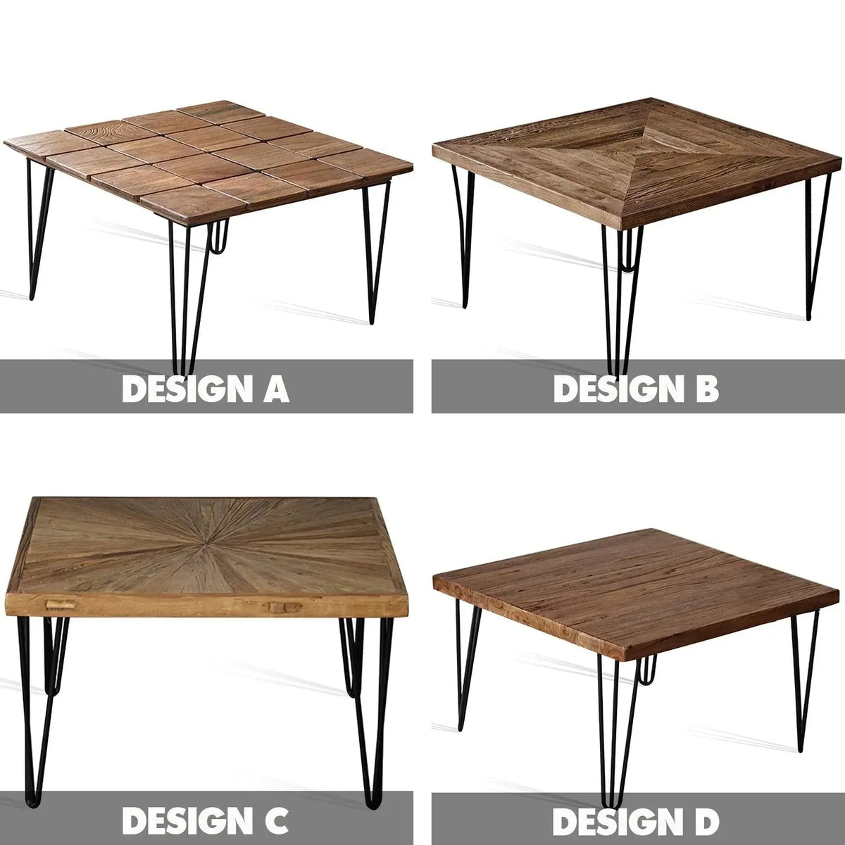 Rustic elm wood square coffee table vertigo elm color swatches.