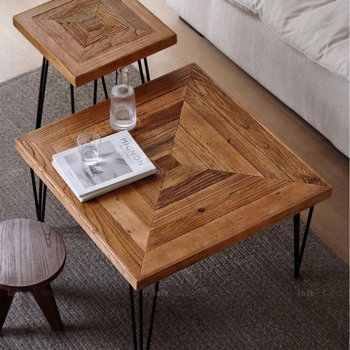 Rustic elm wood square coffee table vertigo elm in real life style.