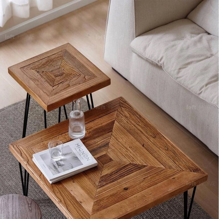 Rustic elm wood square side table velvet elm in details.