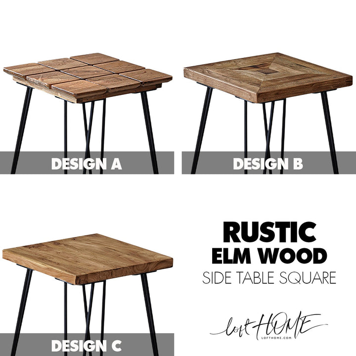 Rustic elm wood square side table velvet elm color swatches.