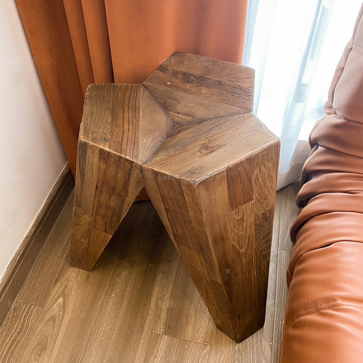 Rustic elm wood stool polygon elm with context.