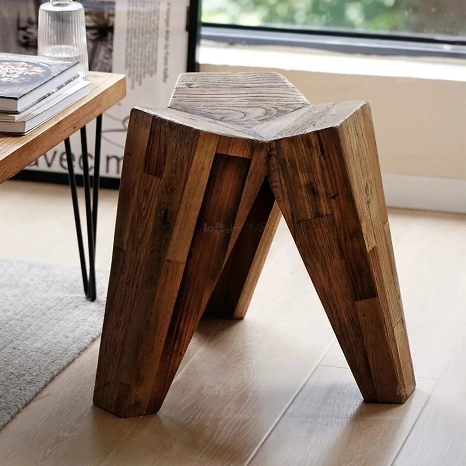 Rustic Elm Wood Stool POLYGON ELM – LOFT HOME