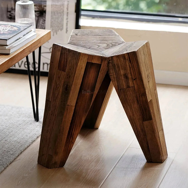 Rustic elm wood stool polygon elm color swatches.