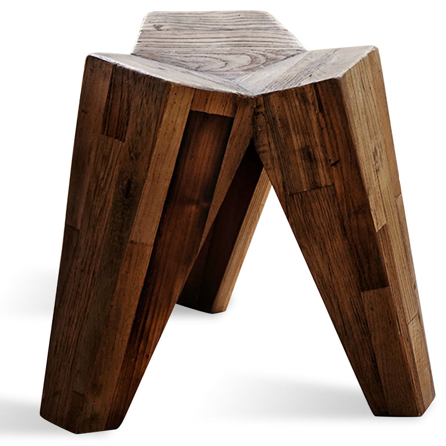 Rustic elm wood stool polygon elm in white background.