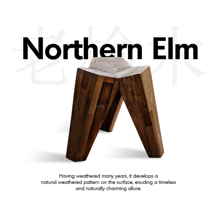 Rustic elm wood stool polygon elm layered structure.