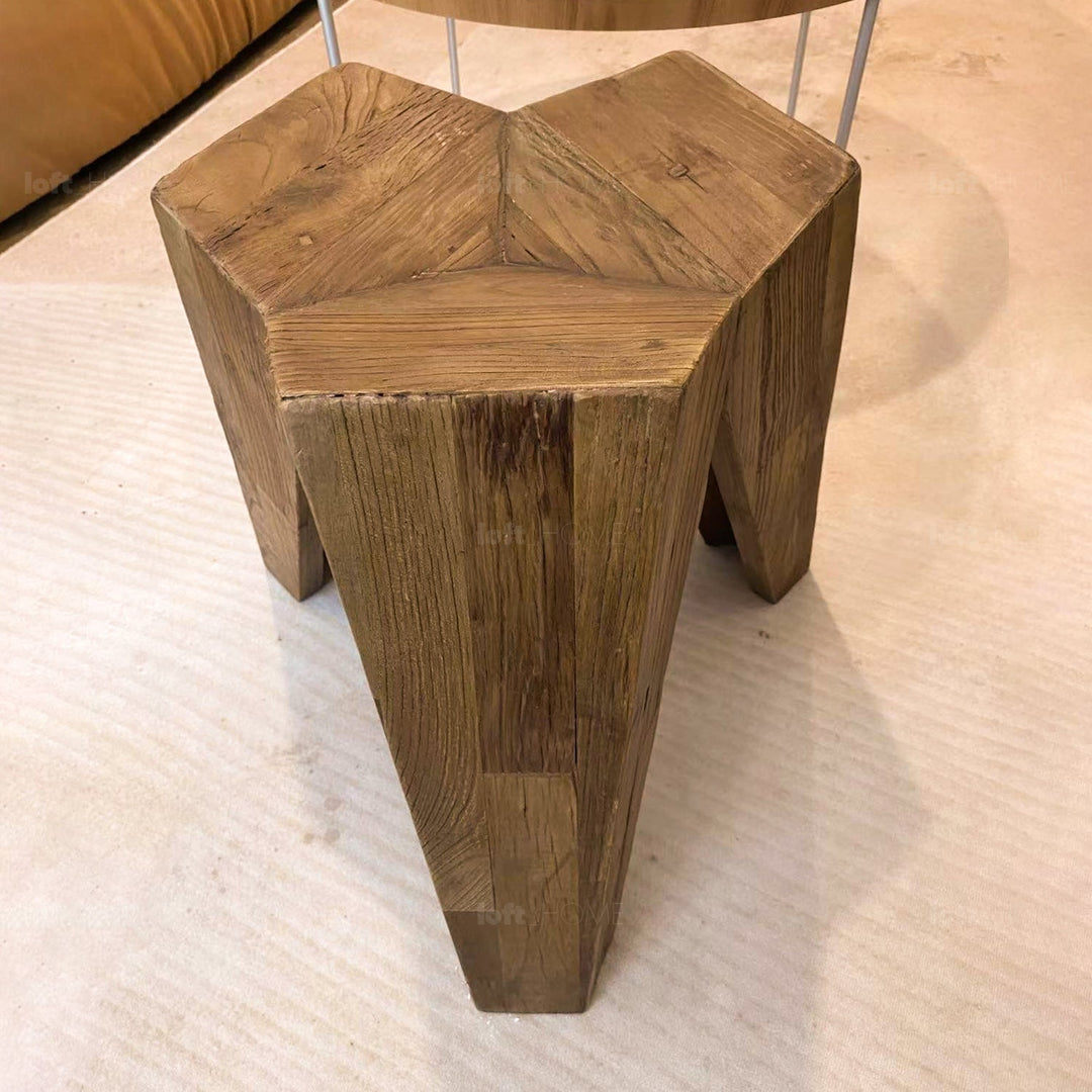 Rustic elm wood stool polygon elm in real life style.