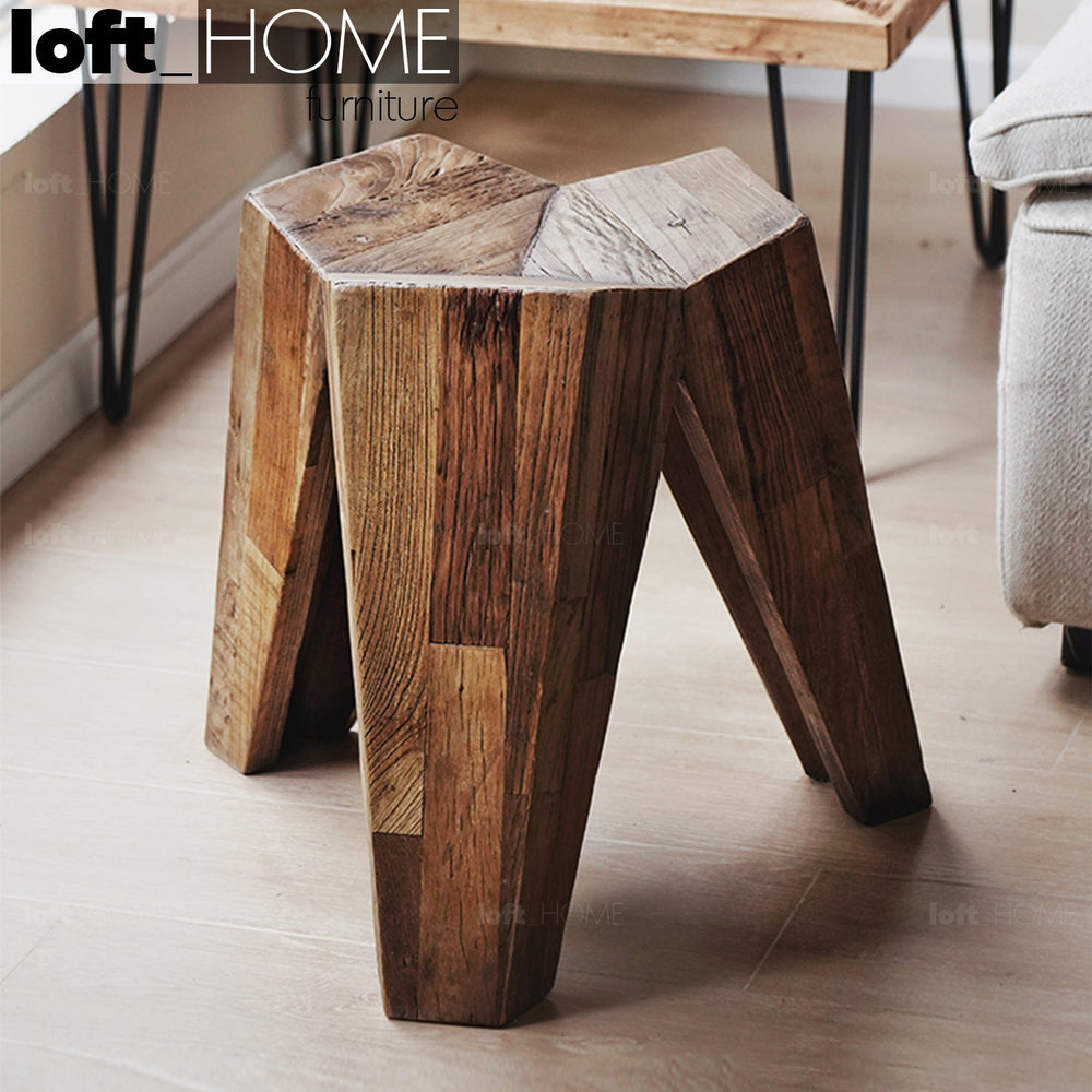 Rustic elm wood stool polygon elm primary product view.