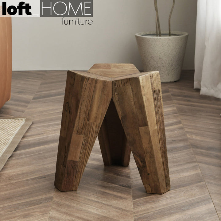 Rustic elm wood stool tripod primary product view.