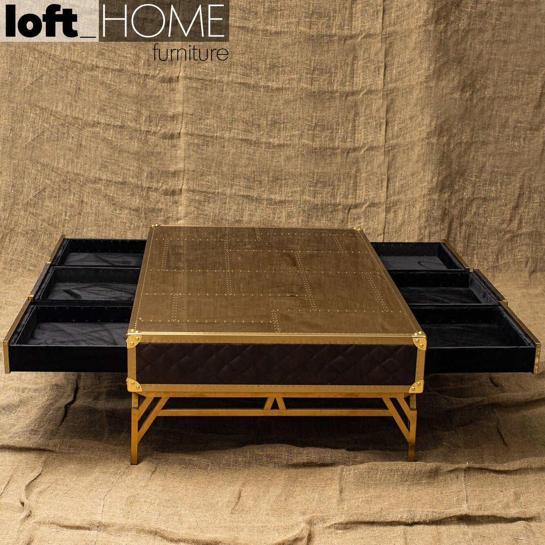 Rustic genuine leather coffee table osmond with context.
