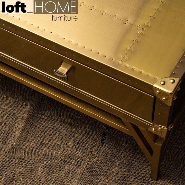 Rustic genuine leather coffee table osmond in close up details.