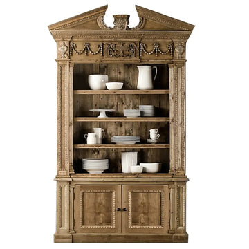 Rustic wood bookshelf entablature in white background.