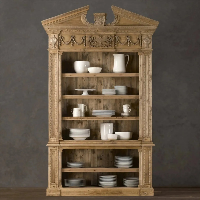 Rustic wood bookshelf entablature material variants.