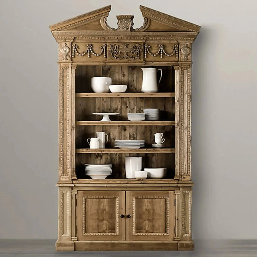 Rustic shelf cabinet bookshelf entablature primary product view.