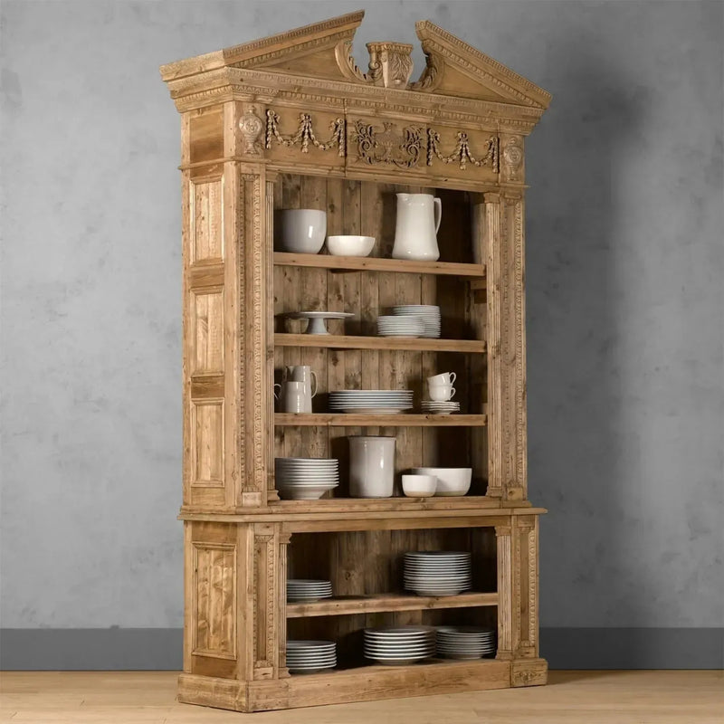 Rustic wood bookshelf entablature color swatches.
