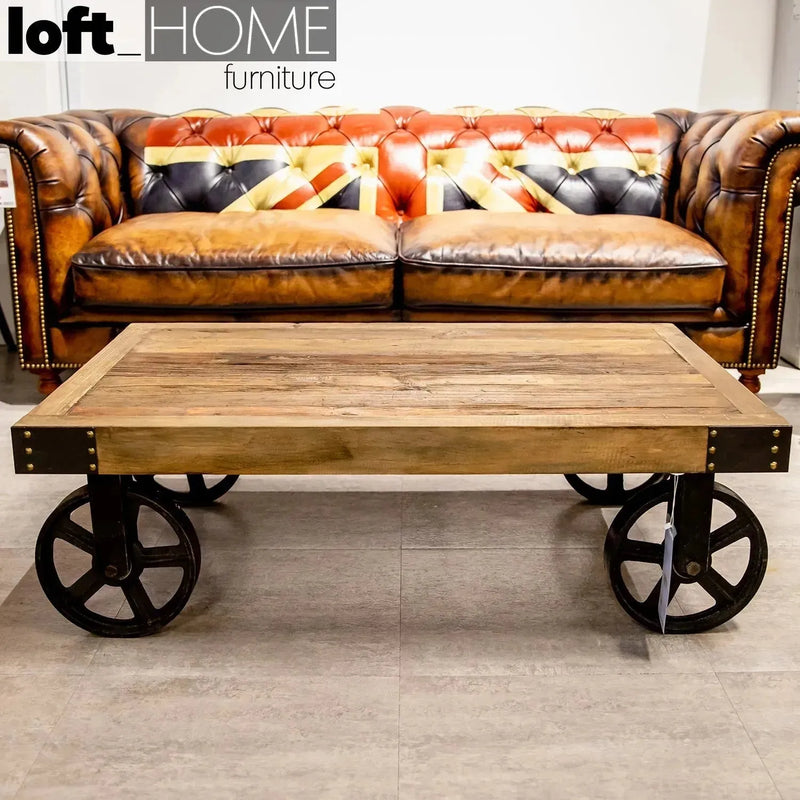 Industrial wood coffee table rustic in real life style.