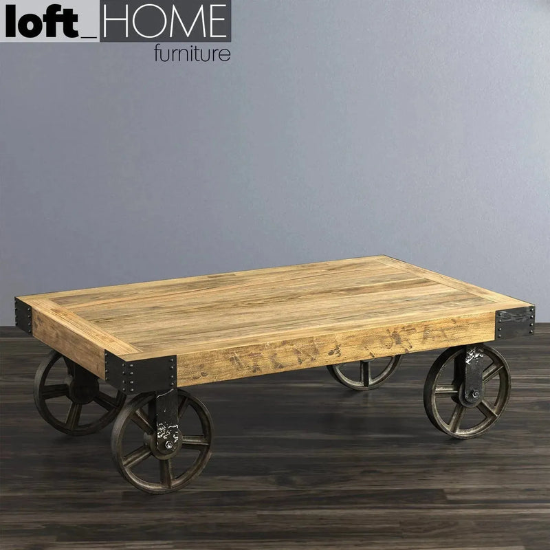Industrial wood coffee table rustic with context.
