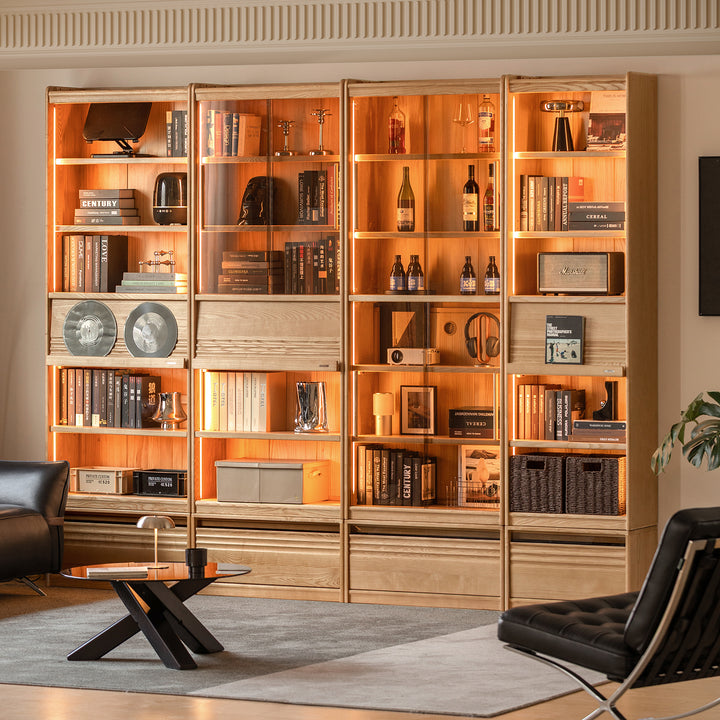Scandinavian ash wood bookshelf gallery color swatches.