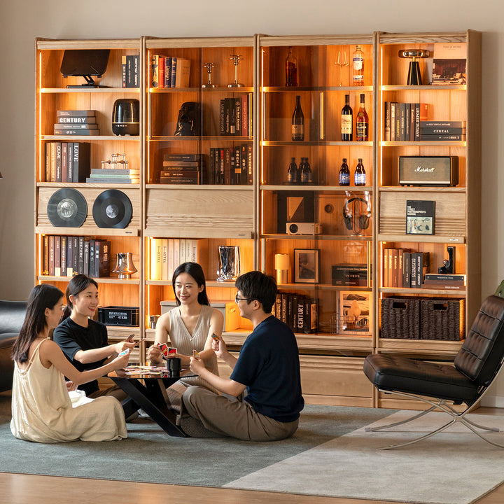 Scandinavian ash wood bookshelf gallery in real life style.