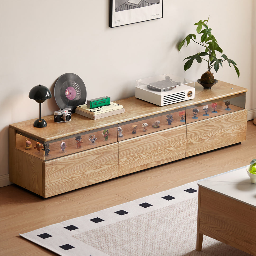Scandinavian ash wood tv console curate material variants.