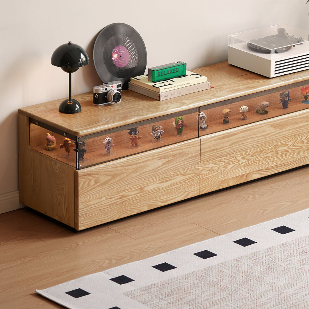 Scandinavian ash wood tv console curate in close up details.