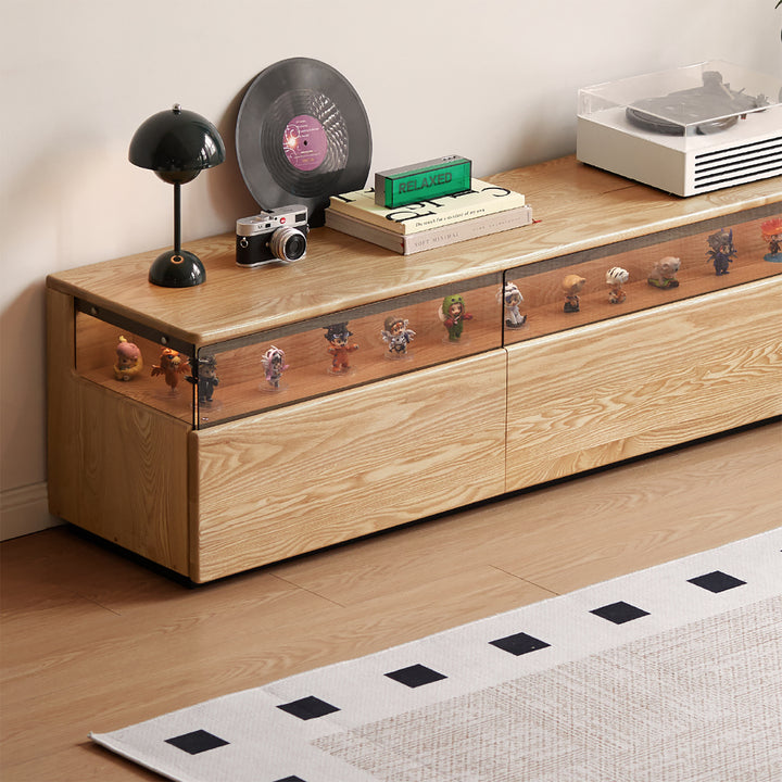 Scandinavian ash wood tv console curate in close up details.