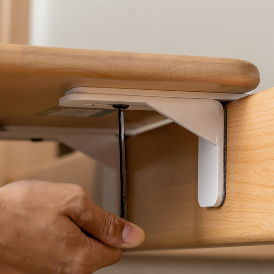 Scandinavian beech wood bedside floating shelf pleni in panoramic view.