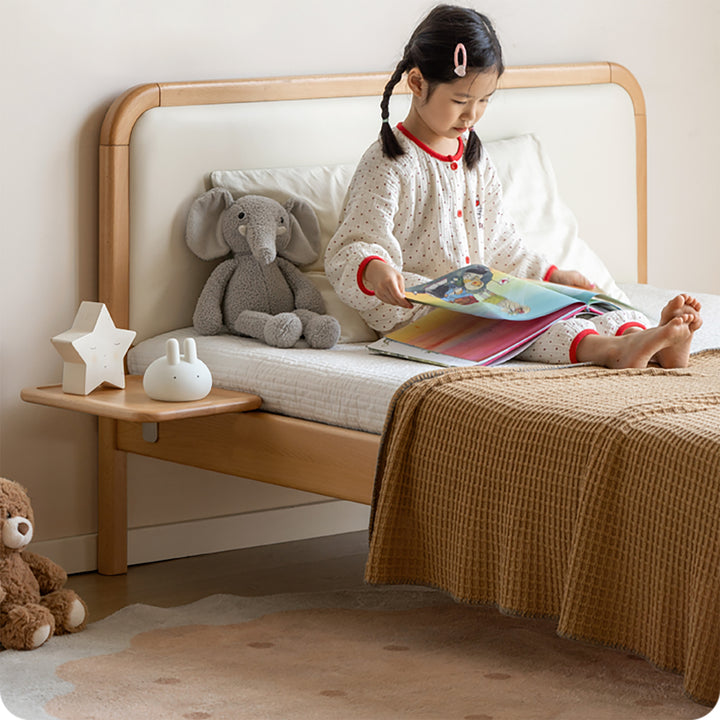 Scandinavian beech wood bedside floating shelf pleni in close up details.