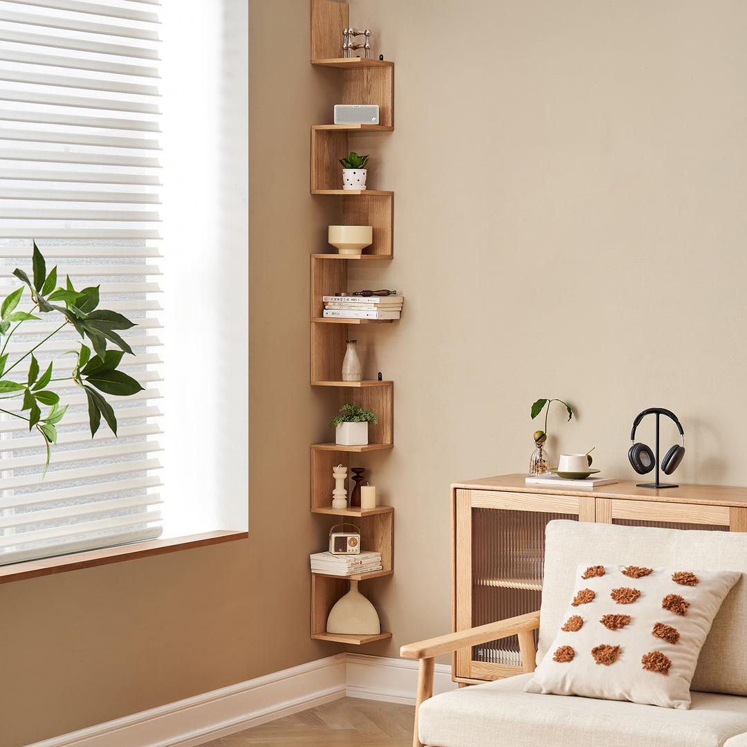 Scandinavian beech wood corner shelf pittsburgh in real life style.