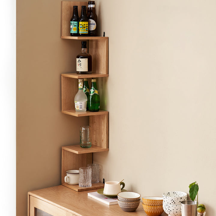 Scandinavian beech wood corner shelf pittsburgh with context.