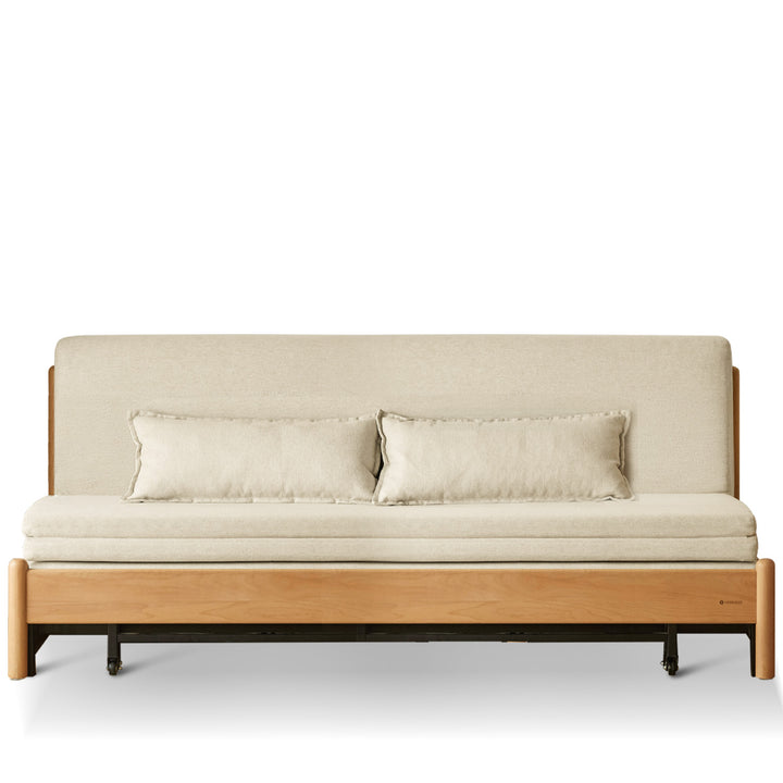 Scandinavian beech wood cotton fabric recliner 2 seater sofa bed flex in white background.