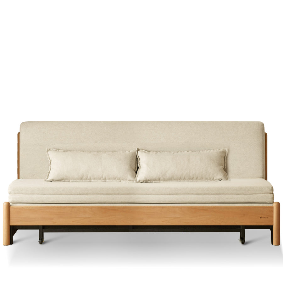 Scandinavian beech wood cotton fabric recliner 2 seater sofa bed flex in white background.