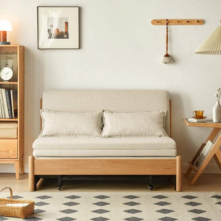 Scandinavian beech wood cotton fabric recliner 2 seater sofa bed flex in real life style.