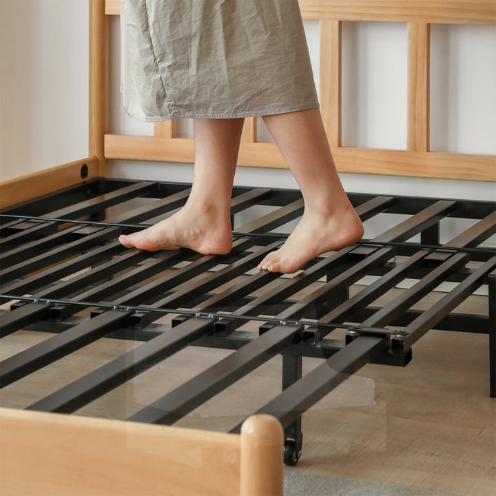 Scandinavian beech wood cotton fabric recliner 2 seater sofa bed flex in close up details.