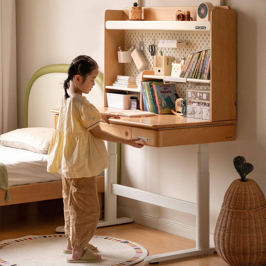 Scandinavian beech wood electric height adjustable kids study table with intergrated led light orbita size charts.