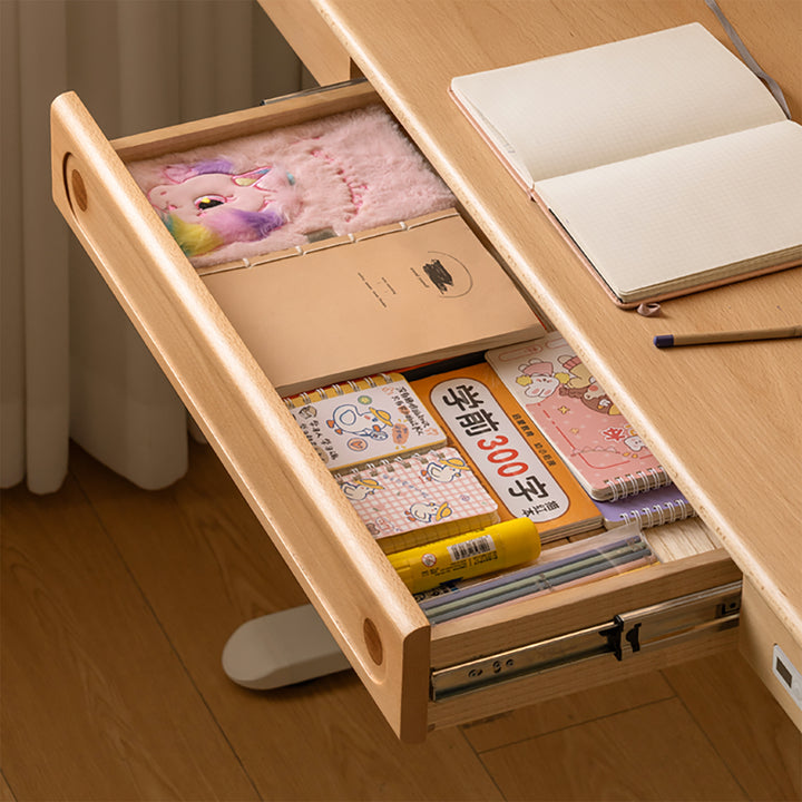 Scandinavian beech wood electric height adjustable kids study table with intergrated led light orbita with context.