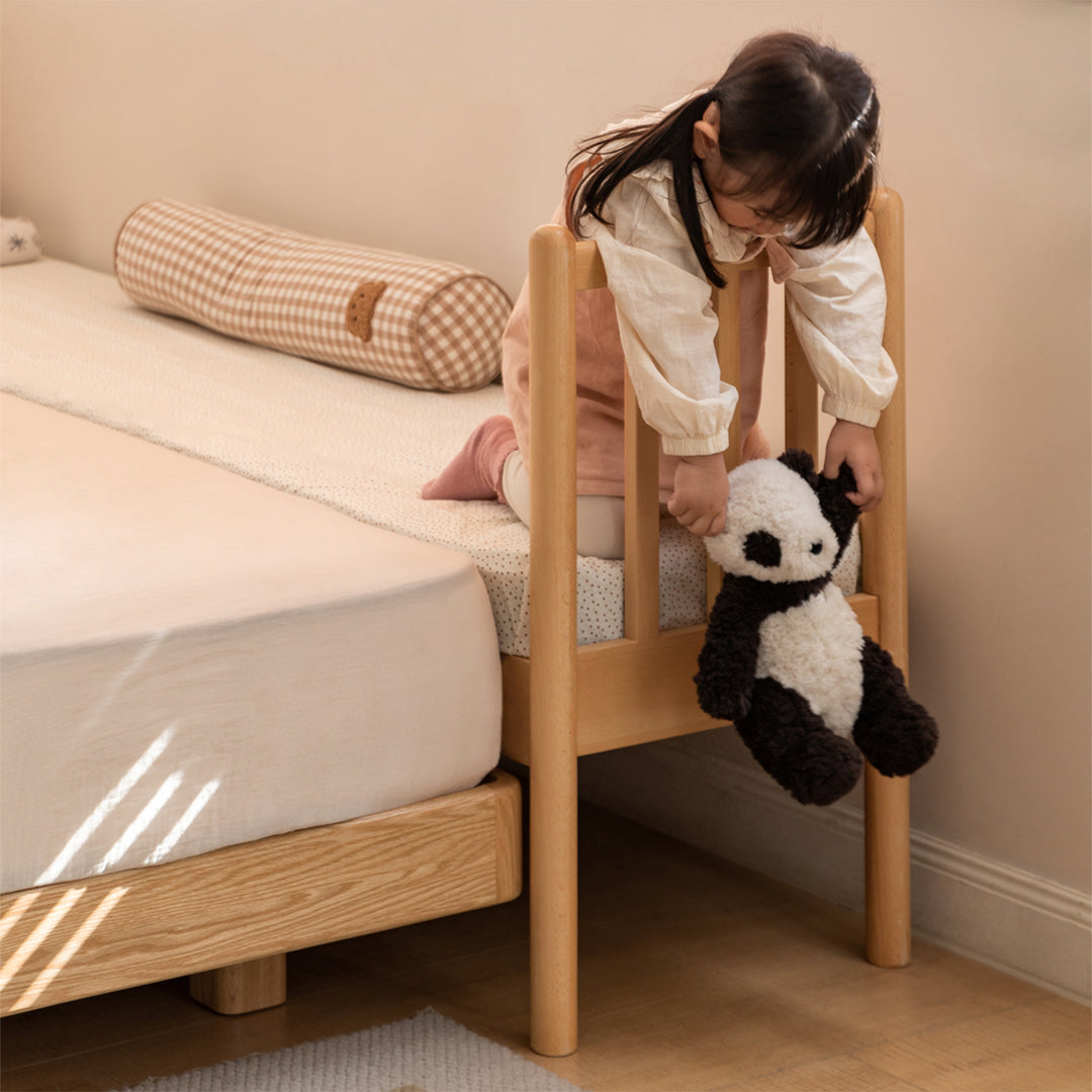 Scandinavian beech wood height adjustable kids sidecar bed with mattress anchor color swatches.