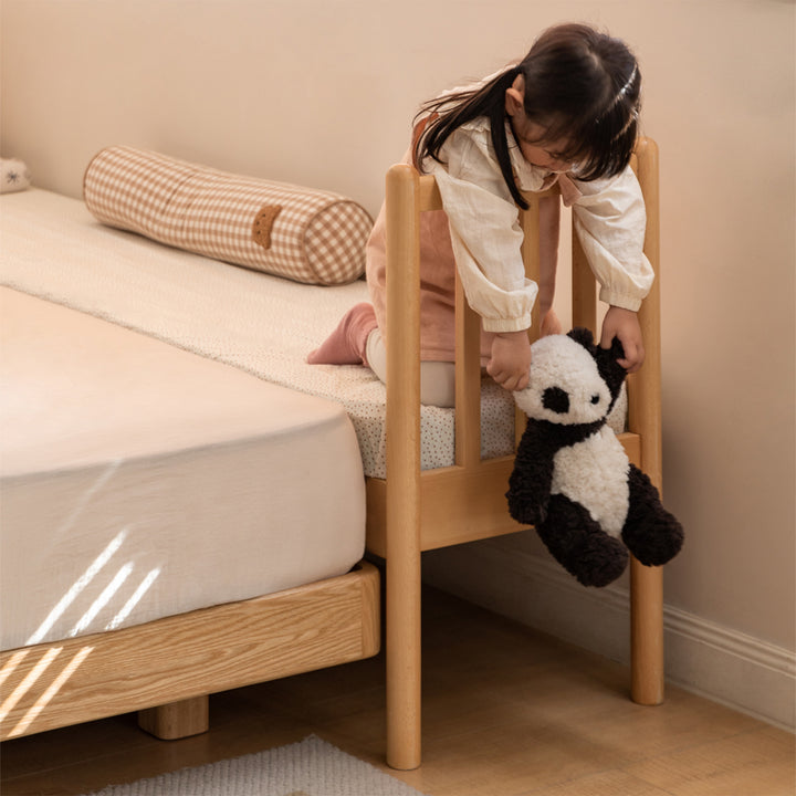 Scandinavian beech wood height adjustable kids sidecar bed with mattress anchor color swatches.