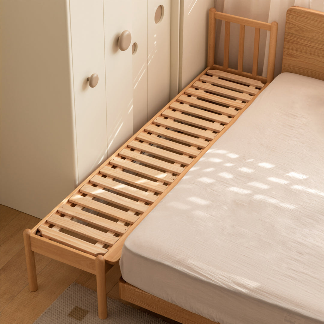 Scandinavian beech wood height adjustable kids sidecar bed with mattress anchor material variants.