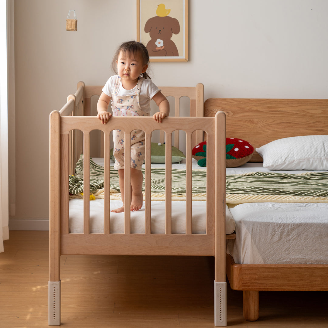 Scandinavian beech wood height adjustable kids sidecar bed with mattress set sova material variants.