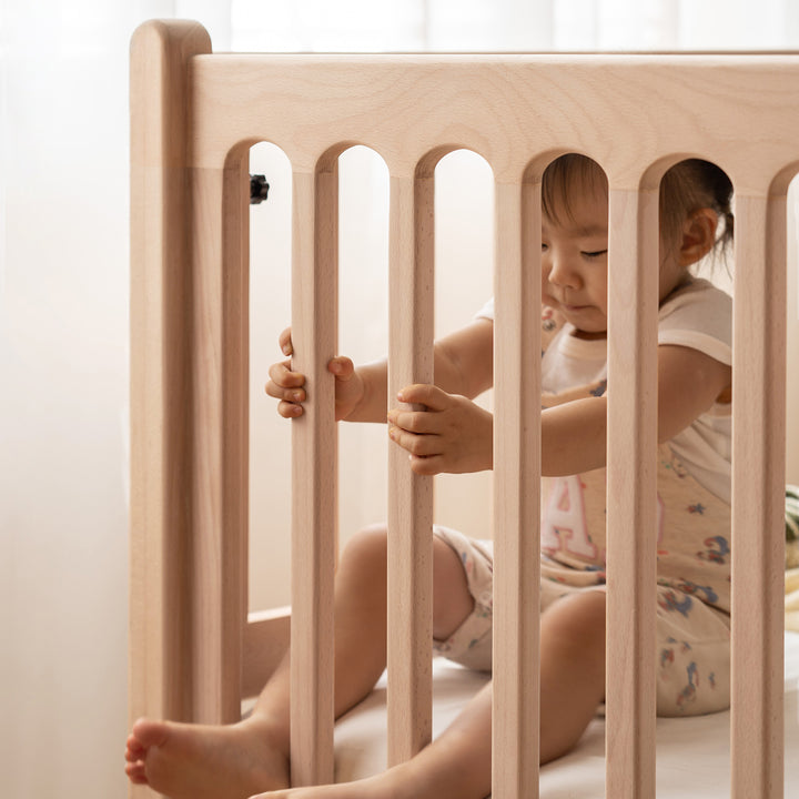 Scandinavian beech wood height adjustable kids sidecar bed with mattress set sova in details.