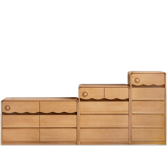 Scandinavian beech wood kids chest of drawers creamy in white background.