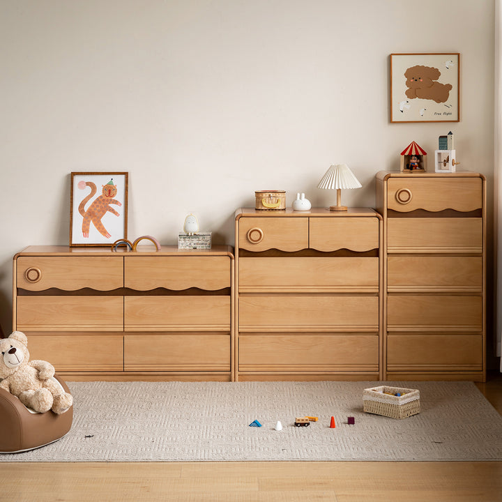 Scandinavian beech wood kids chest of drawers creamy color swatches.