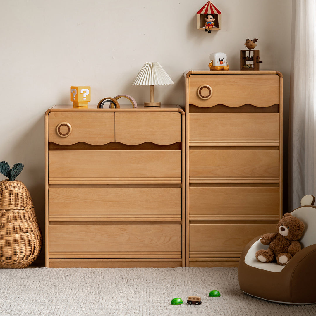 Scandinavian beech wood kids chest of drawers creamy in real life style.
