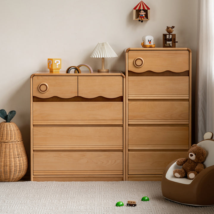 Scandinavian beech wood kids chest of drawers creamy in real life style.