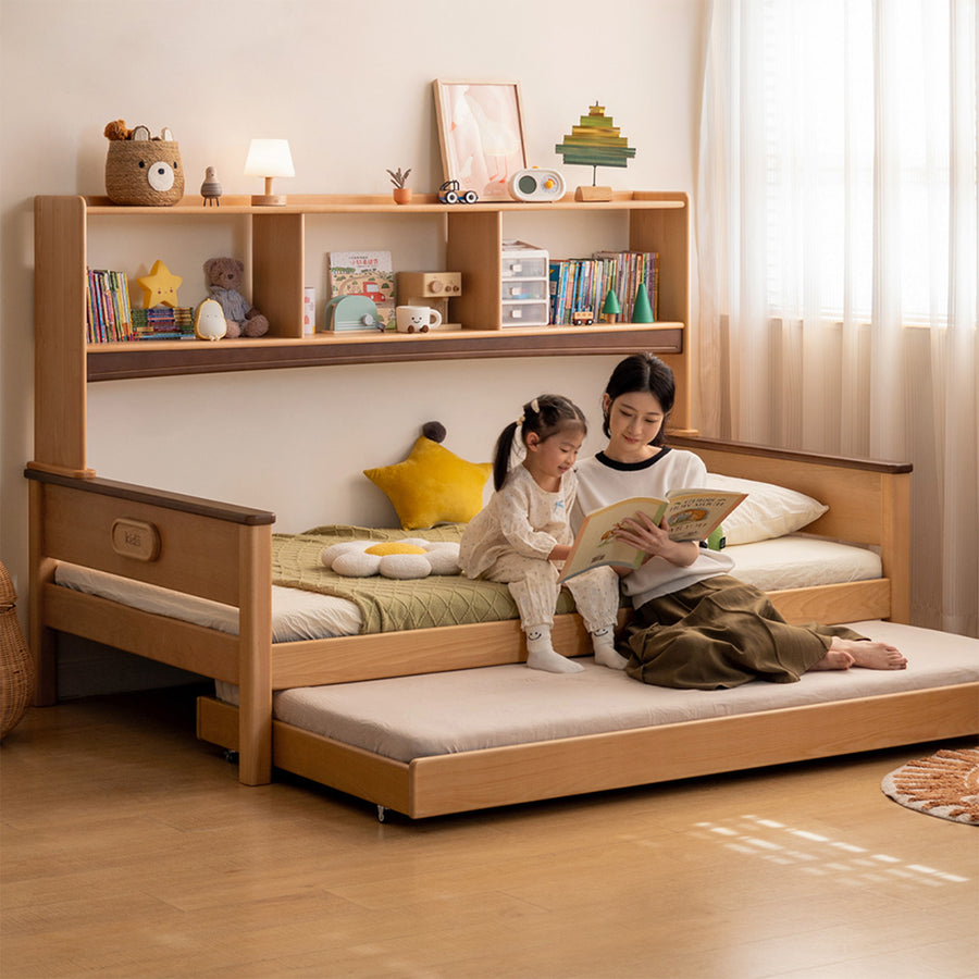 Scandinavian beech wood kids storage bed arloe primary product view.