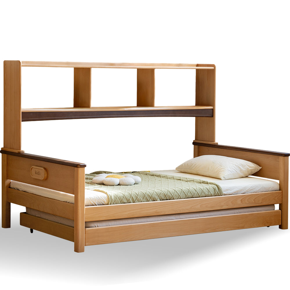 Scandinavian beech wood kids storage bed arloe in white background.