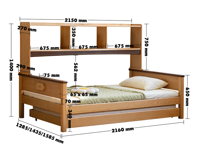 Scandinavian Beech Wood Kids Bunk Storage Bed VELTO Size Chart